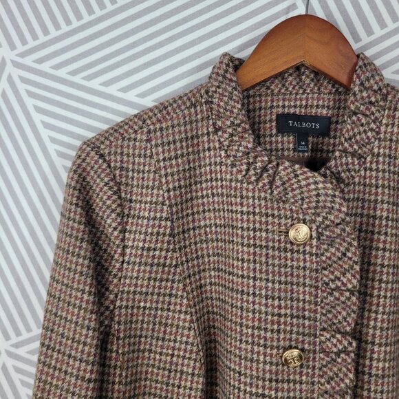 New $179 Talbots Blazer 14 Houndstooth Brown Ruffle Trim Plaid Wool NWT Academia - Picture 4 of 11